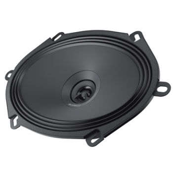 A black, oval-shaped car speaker sits on a white background, featuring a central tweeter and mounting flanges at the edges for installation.