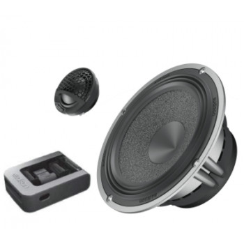 A set of speaker components, including a large subwoofer, a smaller tweeter, and a control module, all positioned against a plain white background.