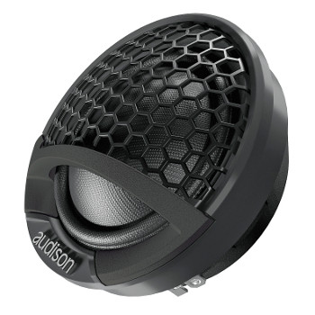A black speaker with a honeycomb-patterned grille titled "audison," designed for audio output, situated against a plain white background.