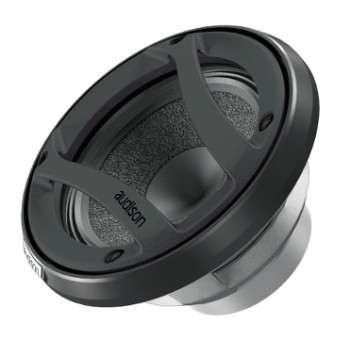 A round car speaker with a black grille labeled "audison" is positioned at a slight angle, showing its textured diaphragm and silver base.