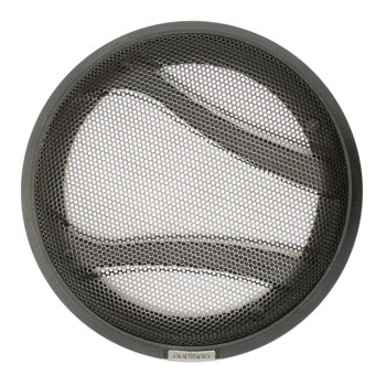 A round speaker with a black metal mesh cover and two curved lines, labeled "Kenwood," viewed from above.