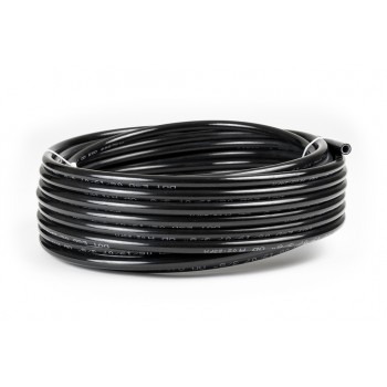 A coiled black plastic hose sits on a white surface, arranged in neat loops. Text along the hose reads clearly: "TROPICAL GARDEN 19MM 50M".