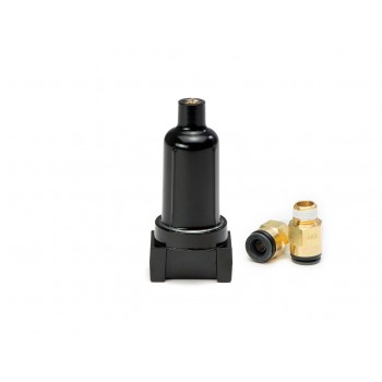 A black, cylindrical sensor is standing upright on a small base next to two gold and black connectors, all set against a plain white background.