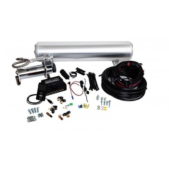 A vehicle air suspension kit consisting of a silver air tank, compressor, control module, various wires, connectors, and fittings, all arranged on a white background.