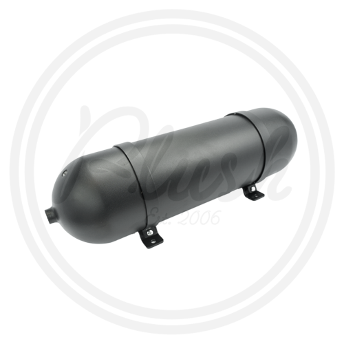 A long, cylindrical, black metal air tank with mounting brackets is pictured against a white background. The faint, overlapping text reads “Klutch” and “Est. 2006” in grey script.