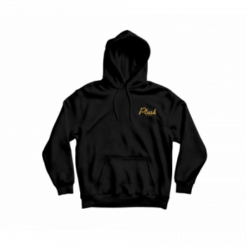 A black hoodie with a front pocket and drawstrings, featuring the gold text “Plush” on the left chest. The hoodie is displayed against a plain white background.