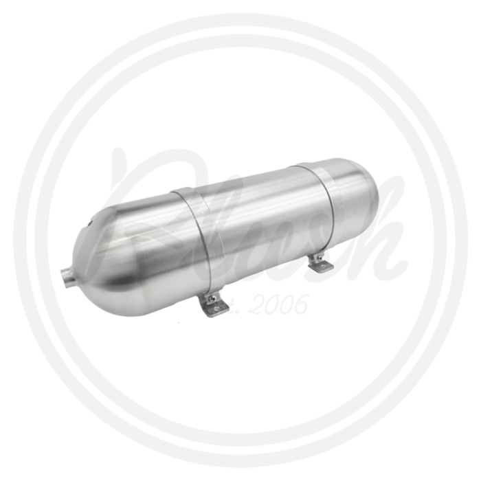 A metallic cylindrical tank with dome-shaped ends and mounting brackets, designed for storage or pressure systems, placed on a plain white background.