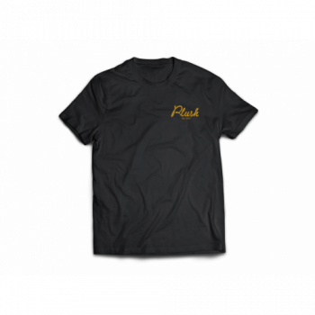 A black T-shirt with the word "Plush" written in gold in the upper left chest area, laid flat on a white background.