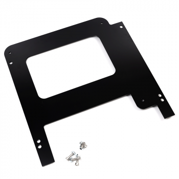 A black rectangular metal bracket with a cutout in the center, accompanied by five small screws, placed against a white background.