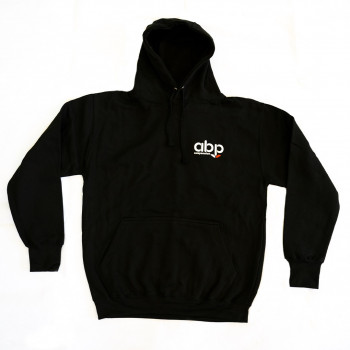 A black hooded sweatshirt with a front pocket displaying the logo "abp" in white on the left chest, laid flat on a white background.
