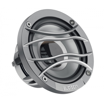 A round speaker labeled "audison" with metal grille bars and "THESIS" written on the inner part, surrounded by a gray metallic frame with screws, designed for audio equipment.