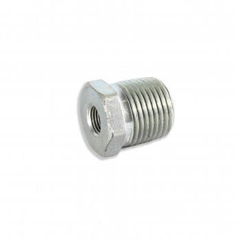 A metallic threaded plug lies on a white background. The plug has a hexagonal head and a cylindrical body with visible threads.