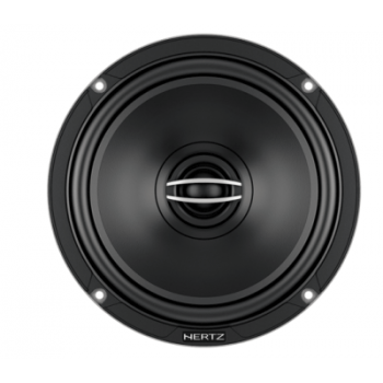 A black circular speaker labeled "HERTZ" sits against a white background, featuring a central metal grille and multiple mounting holes around its perimeter.