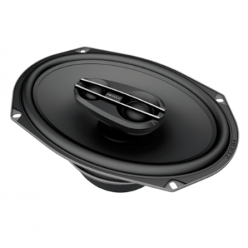An oval car speaker with a black grille is positioned at an upward angle, showcasing its sleek design. The background is a simple white, emphasizing the speaker's details.
