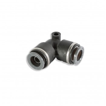 A black plastic pneumatic elbow connector with two metal-finished ends sits against a plain white background. The connector has cylindrical openings at both ends for hose attachments.