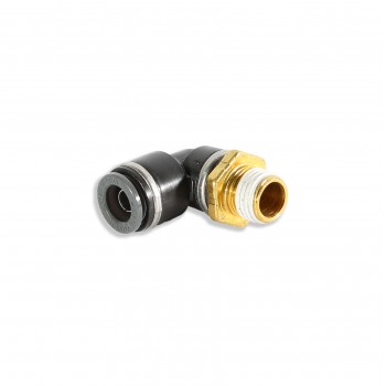 A brass and black right-angle pneumatic fitting with threaded ends; situated against a plain white background.