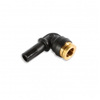 A brass and black plastic elbow connector fitting is lying on a white background; its brass end has threads, and the black end is smooth.