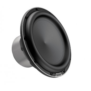 A black subwoofer speaker with a cylindrical metal casing, facing slightly to the left, resting against a plain white background.