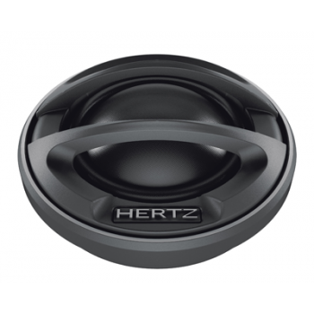 A sleek black car speaker with a protective grille and "HERTZ" labeled on a central panel, designed for enhanced audio performance, resting against a plain white background.