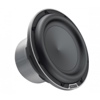A round, black speaker is angled towards the left, with a smooth metallic casing and a visible "HERTZ" label at the bottom, set against a plain white background.