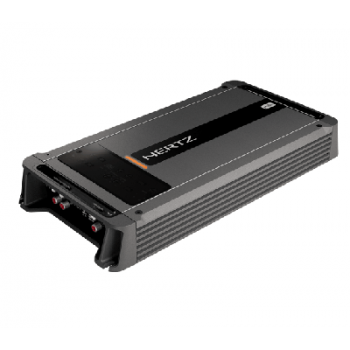 A rectangular car audio amplifier, labeled "Hertz," rests on a flat surface. Its gray body has a black stripe along the top with connection ports on one end.