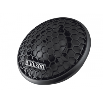 A black, circular speaker with a honeycomb grille pattern and "audison" logo, tilted slightly forward, set against a plain white background.