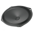 A black, oval-shaped speaker with a central cone and four mounting holes, positioned against a plain white backdrop.