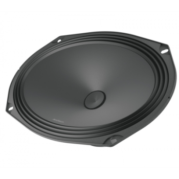 A black, oval-shaped speaker with a central cone and four mounting holes, positioned against a plain white backdrop.