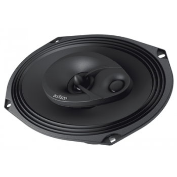 A black oval car speaker labeled "audison" is mounted on a circular frame, featuring a central cone and tweeter for audio output in a minimalistic, studio-like background.