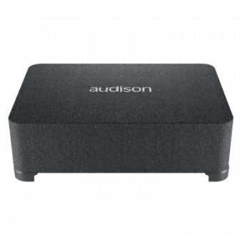 A black, rectangular speaker box with the word "audison" on the top surface, resting on four small feet in a plain, white background.