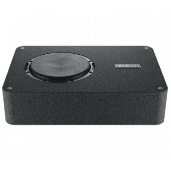 A black rectangular subwoofer with a circular speaker on top and "audison" logo in the upper right corner, in a plain white background.