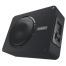 A black Audison speaker box with a visible speaker cone is angled on its side. It is set in a plain, white background.