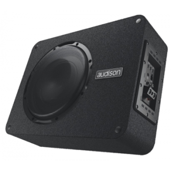 A black Audison speaker box with a visible speaker cone is angled on its side. It is set in a plain, white background.