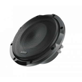 A black Audison car subwoofer mounted in a round metallic frame, positioned at an angle on a plain white background.