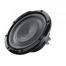 A black subwoofer speaker with a circular design and silver accents sits angled upwards, showing its mounting edges and connection terminals. The word "Audison" is printed on the cone.