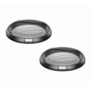 Two black, circular mesh speaker covers with raised, concentric grills are displayed side by side against a plain white background. Each cover features a small, rectangular white label at the base.