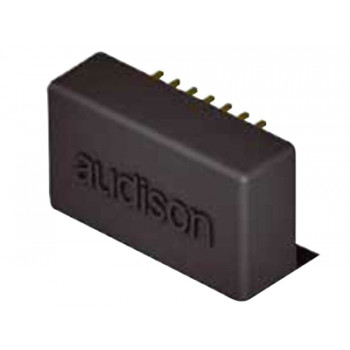 A rectangular black electronic component with gold pins emerging from one side, labeled "audison," placed against a plain white background.