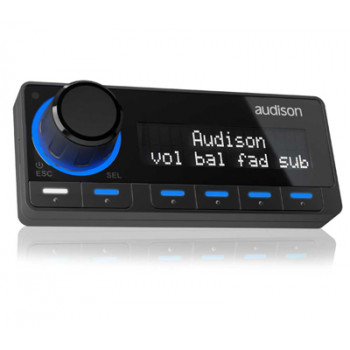 Audio control unit with a large knob and illuminated buttons labeled ESC, SEL, and four symbols. The screen displays text: "Audison, vol bal fad sub". The brand "audison" appears in the top right corner.