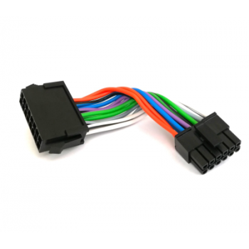A multi-colored wiring harness with black connectors is lying on a white surface, connecting several wires for electronic or computer hardware purposes.
