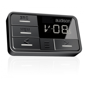 The rectangular electronic device features five buttons labeled SRC, MEM, and arrows, with a digital display showing “-08.” The brand name “audison” is printed on the upper right.