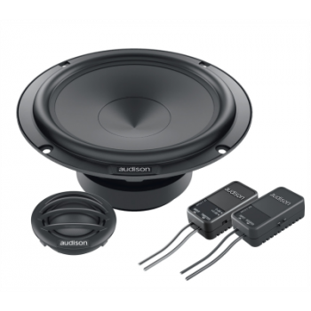 A black car speaker set, featuring a main woofer, tweeter, and two wiring components, all branded with "audison," set against a plain white background.