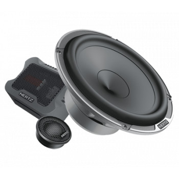 Large circular speaker with a metal frame and a smaller round component beside it; accompanied by a rectangular black-and-gray unit labeled “HERTZ.” All three objects are on a white background.