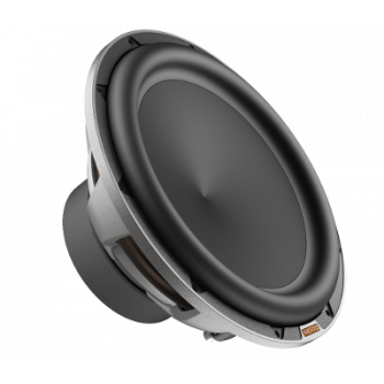 A black and silver subwoofer rests against a plain white background, showcasing its conical design and metallic rim.