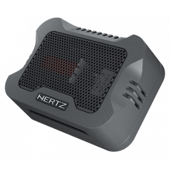 A dark gray, vented, rectangular device labeled "HERTZ" rests on a flat surface, with vent openings on sides and top, featuring a mesh grille and intricate textured patterns.
