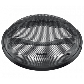 A black, circular speaker grille marked with "HERTZ" at the center, resting on a white surface. Its perforated mesh cover features a domed design and is secured with a smooth, rounded frame.