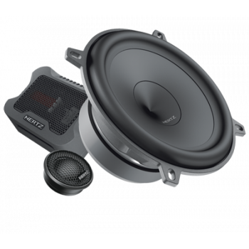 A round black speaker with the brand "HERTZ" on it, accompanied by a smaller round tweeter and a rectangular audio component, all set against a plain white background.
