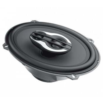 A black and silver oval-shaped car speaker with a branded central cover ("Focal"), shown in a close-up perspective against a plain, white background. The speaker has a sleek, modern design.