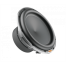 A black, round speaker with a silver rim is positioned at an angle on a white background. There's an orange label on the bottom edge of the rim.