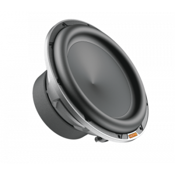 A black, round speaker with a silver rim is positioned at an angle on a white background. There's an orange label on the bottom edge of the rim.