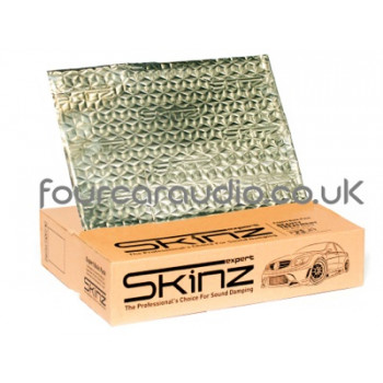 A metallic, textured sheet atop a cardboard box labeled "Skinz" and "The Professional's Choice For Sound Damping," with a car illustration. Website text in the background reads "fourcarradio.co.uk".